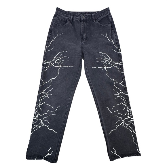 SHEIN Denim - SHEIN Womens Lightning Bolt Graphic Straight Leg Jeans Washed‎ Black Size L 8/10